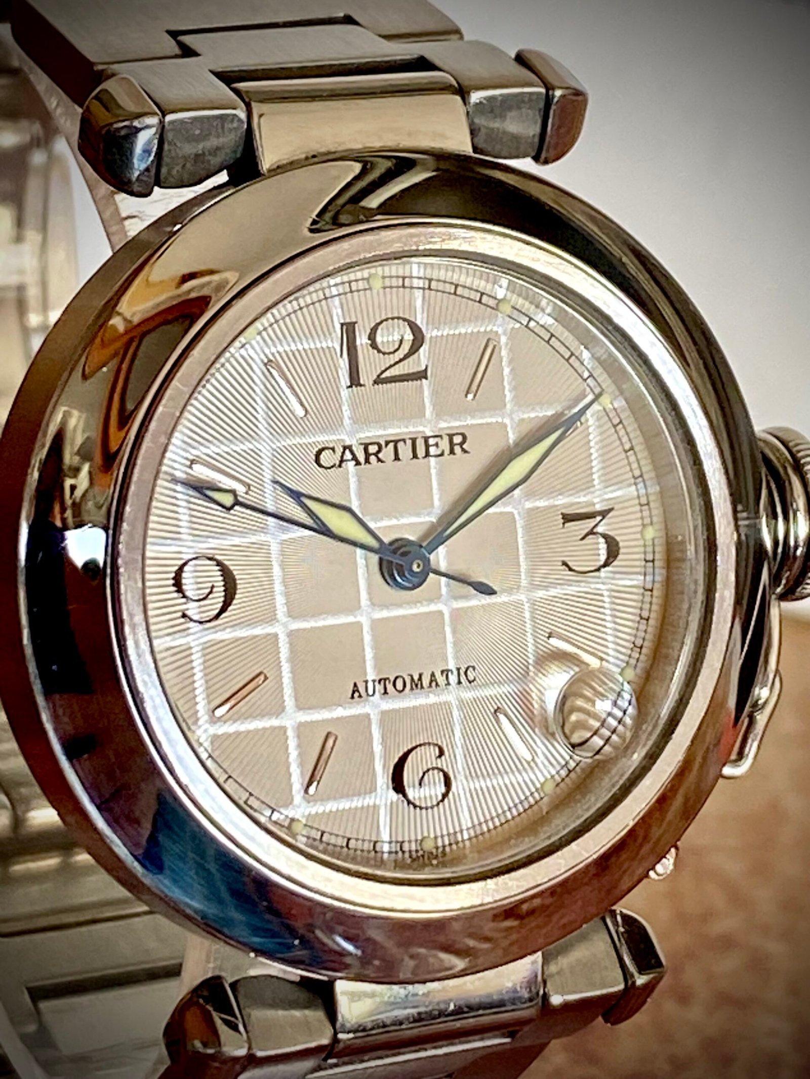 CARTIER PASHA ACERO, ESFERA GRIS CUADRICULADA - TEMPPUS: